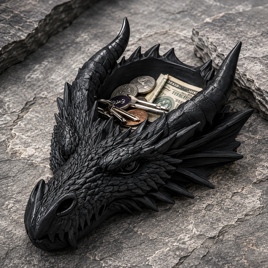 A black dragon head money box filled with coins and keys, resting on a textured gray stone surface.